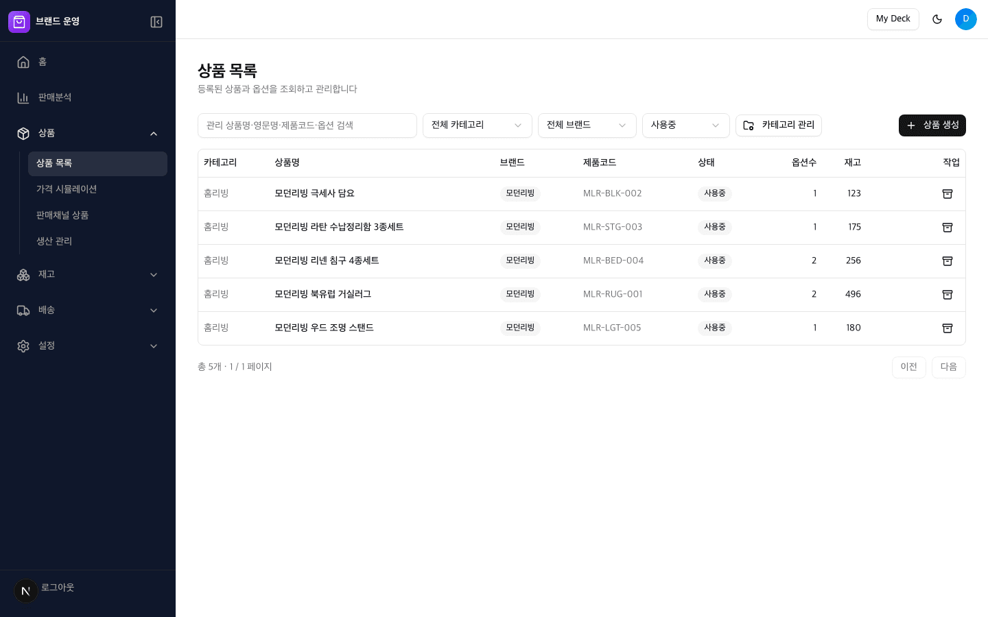 브랜드 운영 상품 목록 화면